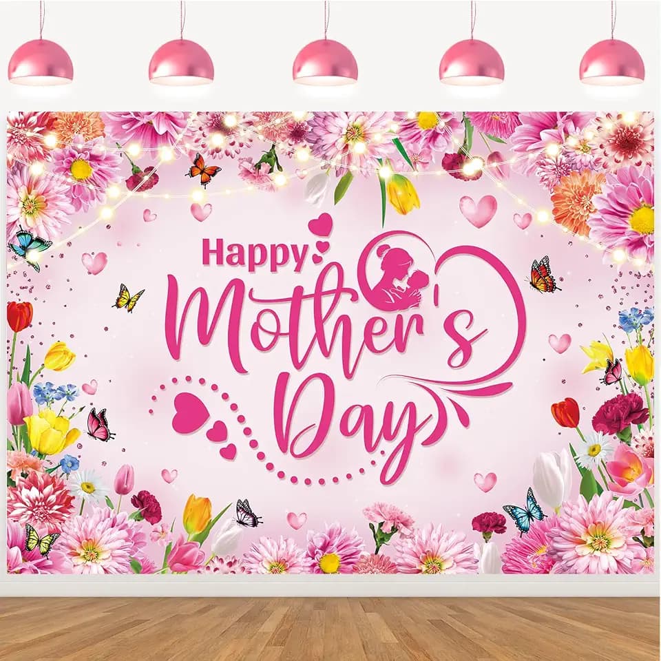 Happy Mother's Day Backdrop Pink Flowers Glitter Mother's Day Photography Background Mom's Birthday Banner for Women Party Decorations Photo Props (120x96 inch (10x8FT))