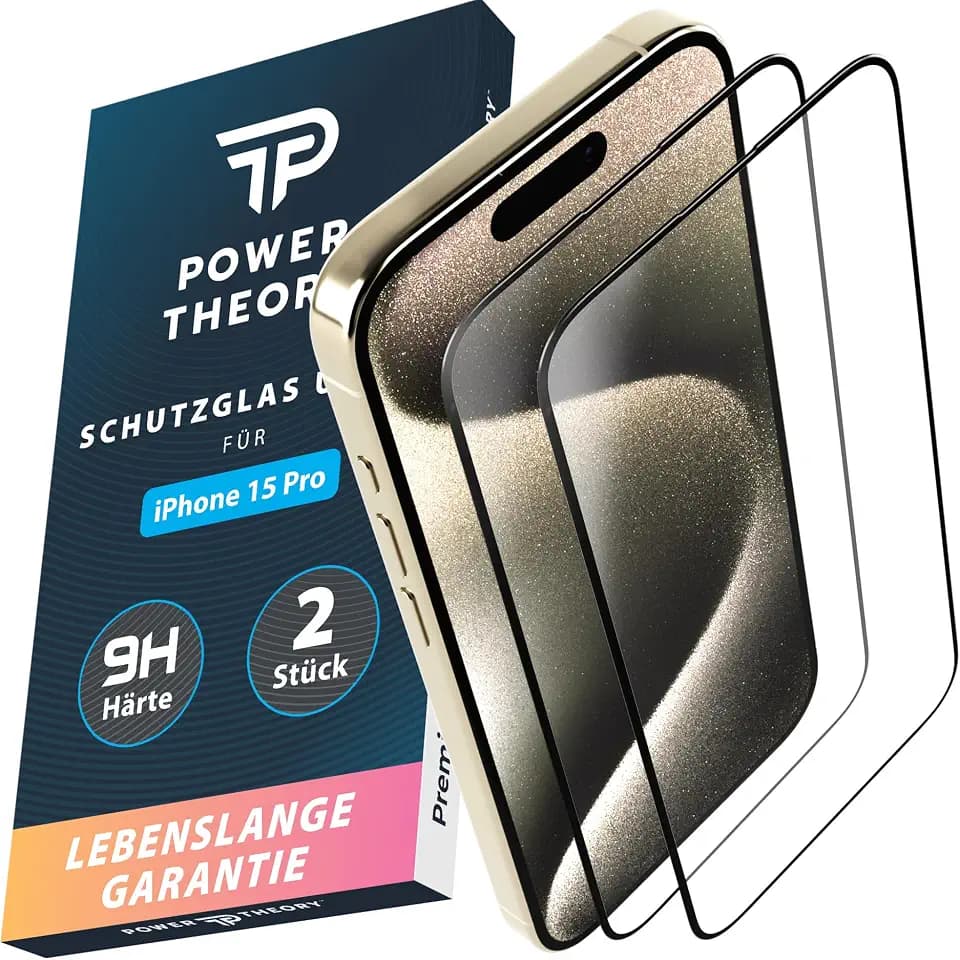 Power Theory Schutzglas für iPhone 15 Pro Schutzfolie, Ultra-Glas Displayschutz Folie mit 9H Glas Bruchfestigkeit, Blasenfreie Anbringung & Schnelle Installation [2 Stück]