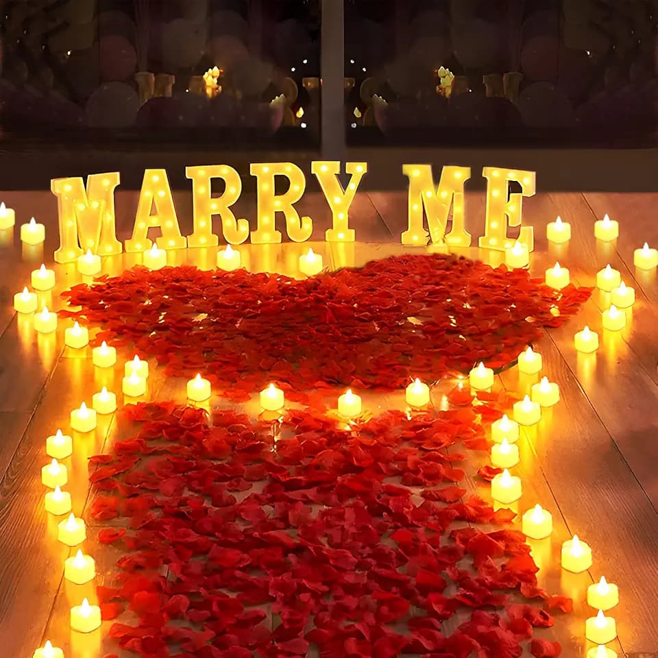 2031 Stück MARRY ME Leuchtbuchstaben als Dekoration für Heiratsanträge, MARRY ME-Schild mit 24 flammenlosen Herzkerzen, 2000 Rosenblättern für Heiratsanträge, Romantische Nachtdekoration