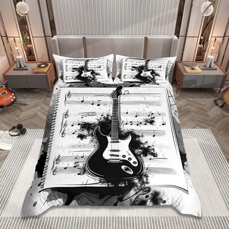 Homemissing Musik-Bettwäsche-Set, Doppelbettgröße, Rockmusik-Gitarre, Bettwäsche-Set für Kinder, Jungen, Mädchen, Gitarreninstrumente, Bettbezug mit 2 Kissenbezügen