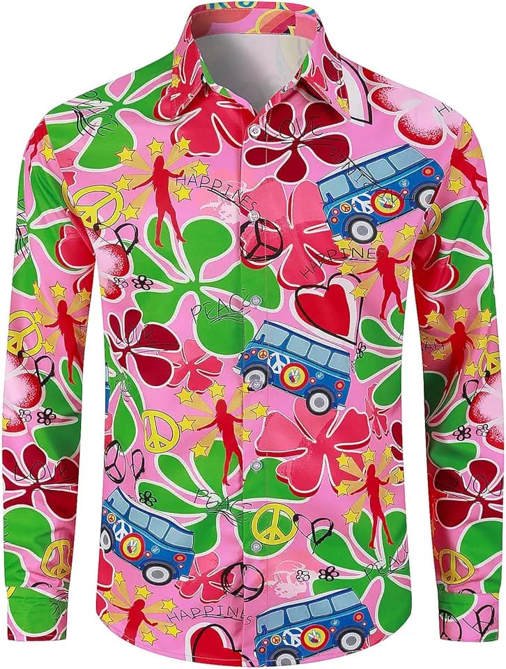 70er Jahre Hemd Herren 60er Hippie Kostüm Retro Blumen Shirt
