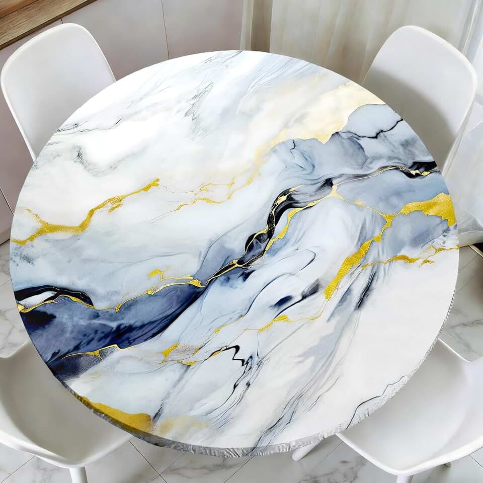 Marble Round Fitted Tablecloth,Outdoor Table Cover,Elastic Edge Design,Suitable for Round Tables Ranging from 45 in to 52 in,Anti Wrinkle and Scratch Resistant,Easy Clean & Stain Resistant