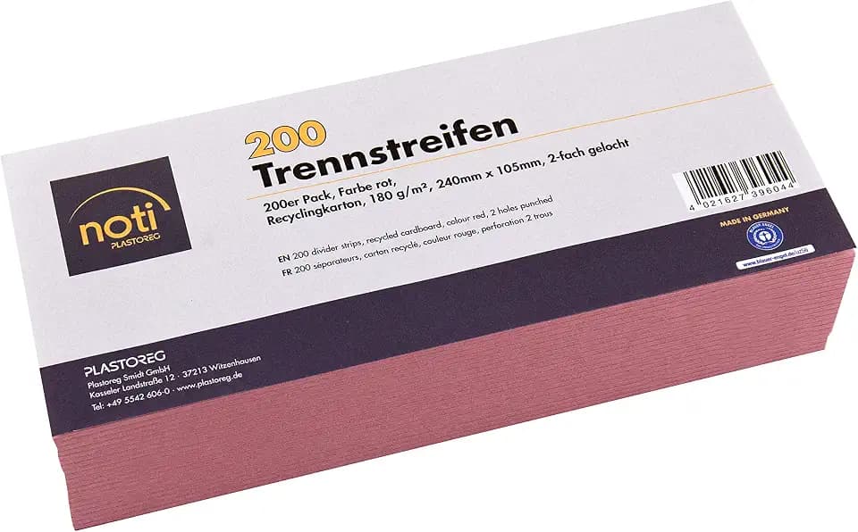 200 Trennstreifen in rot, 24 x 10,5cm, gelocht, 180g/m² recycelter Karton, zum Sortieren von Dokumenten, bedruckbar