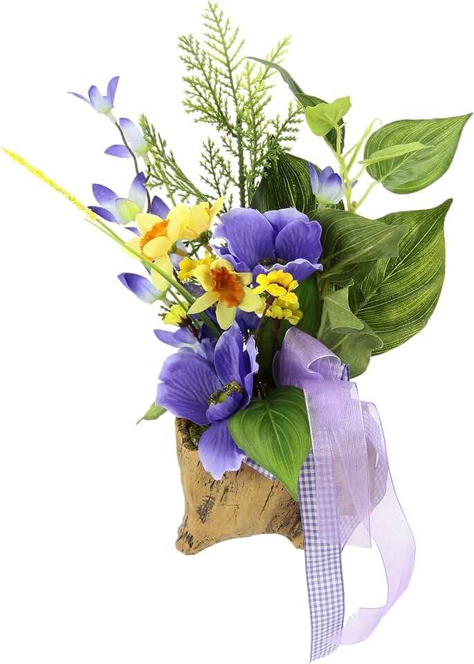 Gesteck aus künstlichen Narzissen Anemonen und Beiwerk im Topf in Holzoptik Künstliches Unechte Gefälschte Deko Kunstblumen Osterdeko Frühjahrsdekoration Tischdeko Frühjahr Floristik Blumendeko