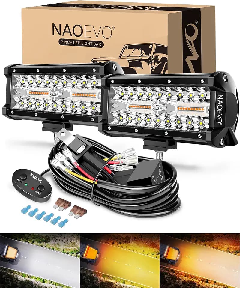 NAOEVO 7 Inch LED Light Bar, 3-Mode LED Pods/Fog Lights with 2-Lead Harness