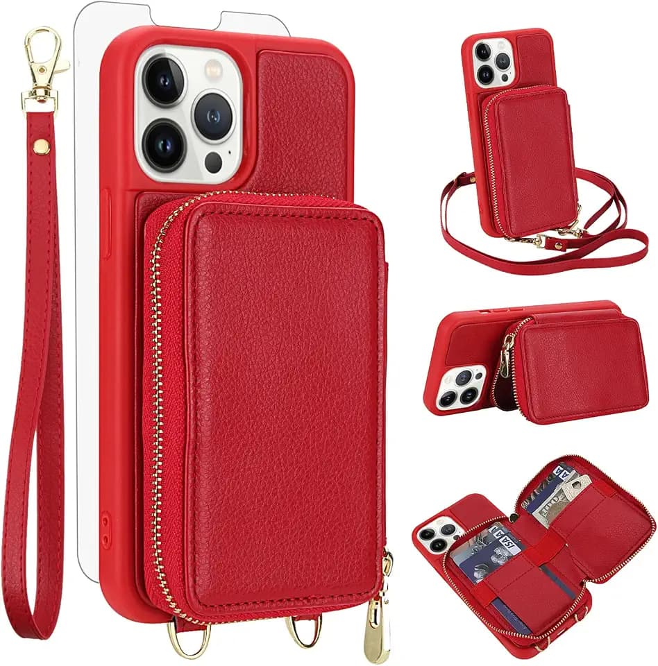 Phone Case for iPhone 13 Pro 6.1 inch Wallet Cell Cover with Tempered Glass Screen Protector Crossbody Strap Lanyard RFID Blocking Card Holder iPhone13Pro 5G i i-Phone i13 iPhone13 13Pro Women Red