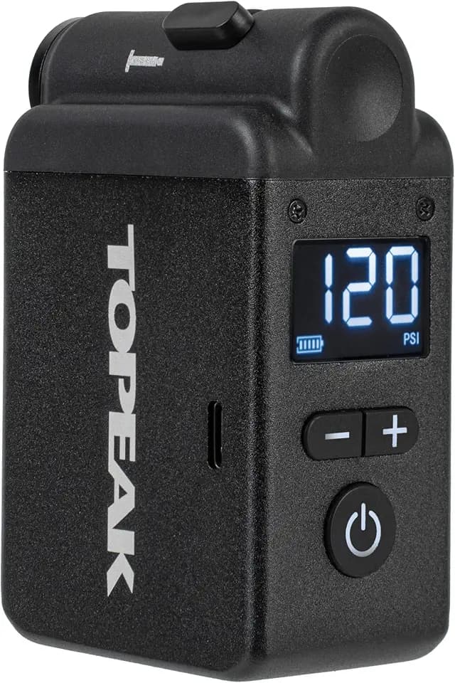 Topeak E-Booster Digital Pumpe aus Aluminium/Kunststoff/Silikon in der Farbe Schwarz und Gelb, Pumpleistung: bis zu 8 Bar (120 PSI), Größe 5,9x3,5x8,6 cm, 15700138
