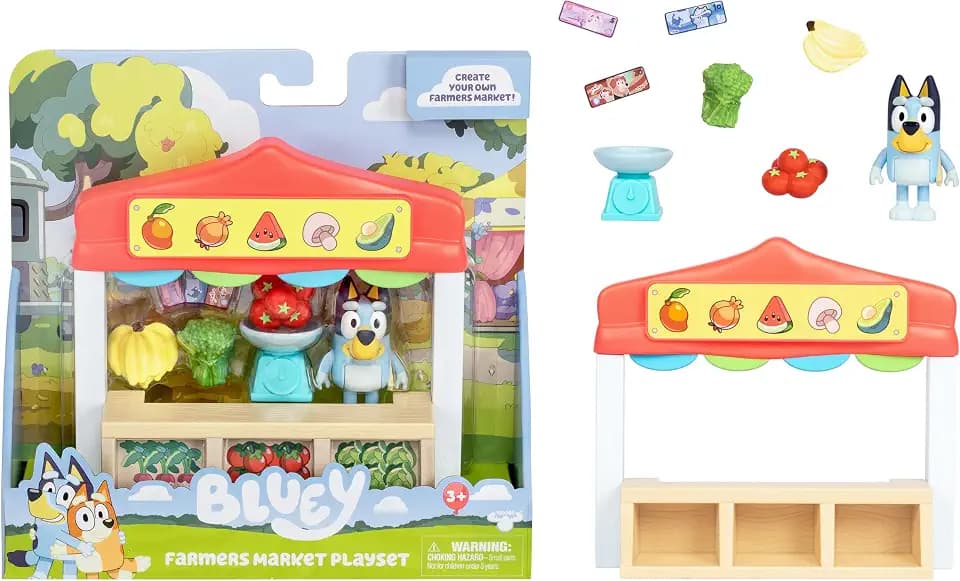 Bluey Farmers Market Playset, Toy Store Playset with Articulated Figurine, Toy Scale, Dollar Bucks, and Food Items, Shopping Toys for Kids Ages 3+