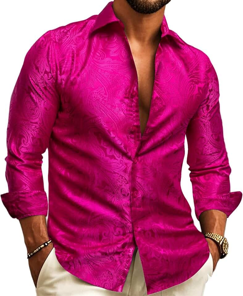 Barry.Wang Mens Dress Shirts Silk Luxury Paisley Big and Tall Long Sleeve Shirt Business Wedding Party Red Black S-3XL