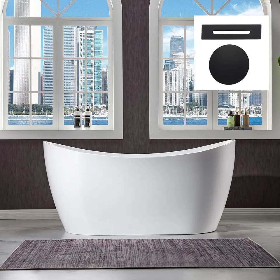 WOODBRIDGE 59" Acrylic Freestanding Bathtub Contemporary Soaking White Tub with Matte Black Overflow and Drain,B0016-MB