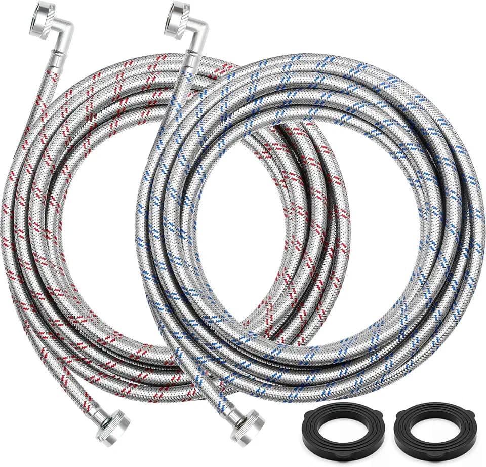 25FT Washing Machine Hoses, Braided Stainless Steel, 90° Elbow, 3/4" FHT