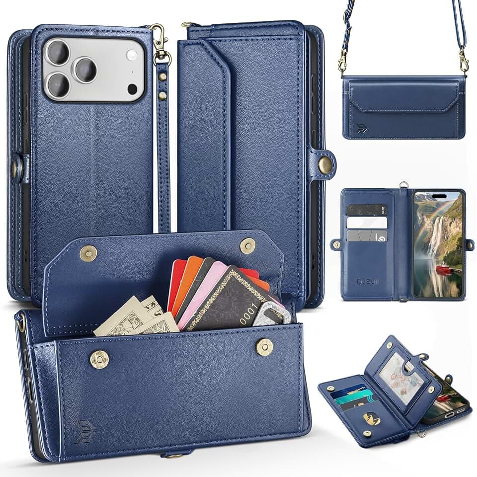 DJBull for iPhone 17 Pro Max 6.9" Wallet Case with Card Holder, Shoulder and Wristlet Straps, Soft PU Leather, Magnetic Snap, Flip Phone Case for Women Men for Apple 17 Pro Max Blue