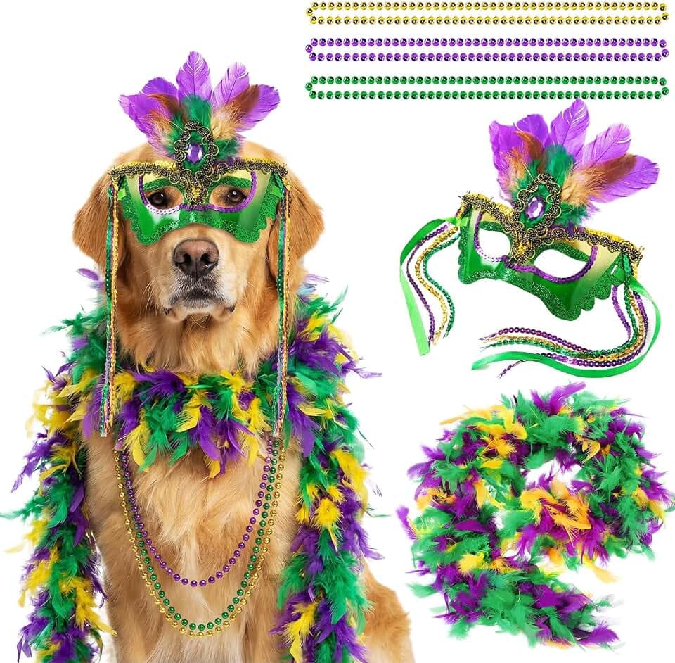 LEIFIDE 5 Pcs Mardi Gras Dog Costume Mardi Gras Pet Mask with Collar Carnival Masquerade Pet Accessories Set Golden Green Purple Puppy Dress up Feather Boa for Medium Large Dogs Outfit Decor