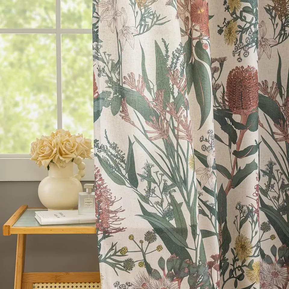 Floral Boho Curtains 84 Inches Length Protea Flower Print Linen Texture Window Drapes for Patio Door Africa Tribal Exotic Romantic Retro Window Treatments Grommet 2 Panels W50 x L84 Coral &Green