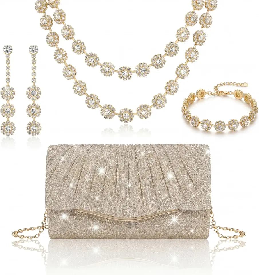 4 Pcs Purse Rhinestone Jewelry Set Prom Jewelry Glitter Bling Clutch Purse Bride Necklace Earrings Bracelets Sparkly Costume Kit for Women Bride Wedding Prom Evening Party
