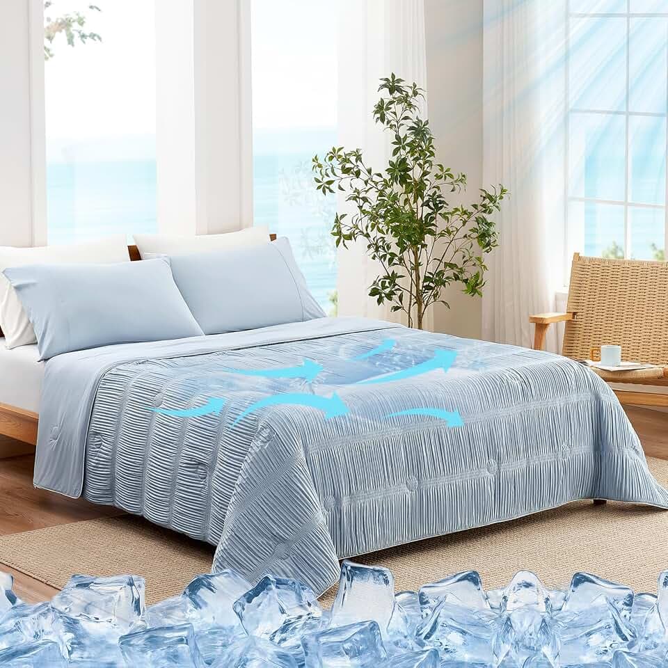 Snuggle Sac Cooling Comforter Twin Size – Q-Max 0.43 Striped Cooling Blanket for Hot Sleepers&Night Sweats, Light Breathable Summer Blanket, Dual-Sided Silk-Smooth, 68x90 Inches, Haze Blue