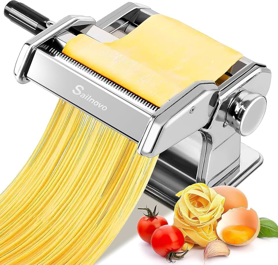 Sailnovo Nudelmaschine aus Edelstahl, Manueller Pasta Maker 180 mm, Silber
