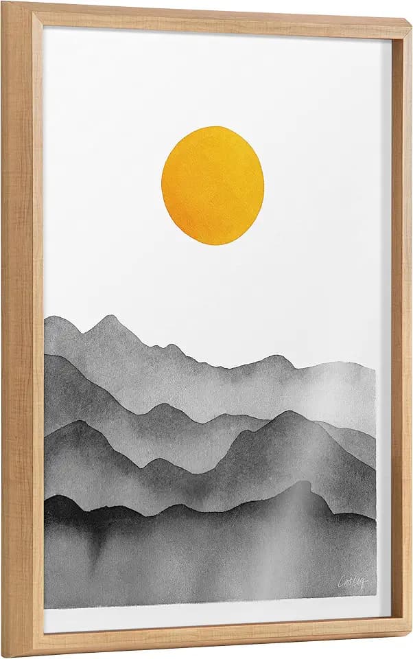 Kate and Laurel Blake Black Yellow Mountain Range Silhouette Framed Printed Glass Wall Art by Cat Coquillette; 18x24 Natural; Modern Abstract Landscape Art