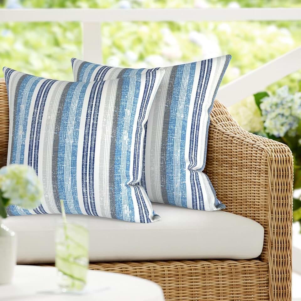 DYTXIII Pack of 2 Waterproof Outdoor Pillow with Inserts, 18x18 Square Patio Decorative Throw Pillow for Home,Sofa,Bench and Patio Furniture,Stripe Layered Blue