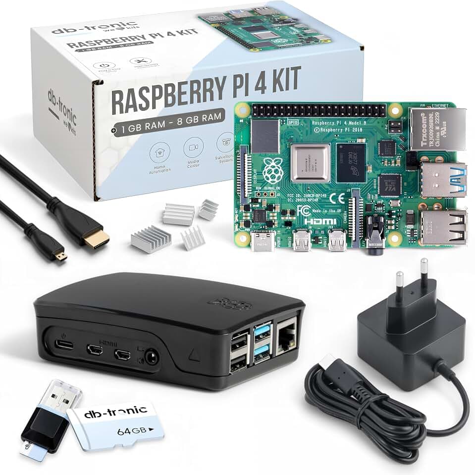 db-tronic Raspberry Pi 4 8GB Starter Set | 64GB Black Edition | Netzteil 15W | Gehäuse schwarz | Kühlkörper Set | 4K Micro HDMI Kabel | Ideal für Smart Home, Retro Gaming & Home Assistant