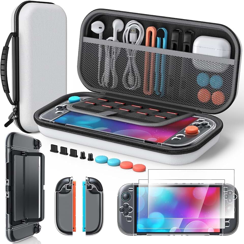 Switch 2 Zubehör für Nintendo Switch 2 2025, Tragetasche mit 2 HD-Bildschirmschutzfolien (7,9 Zoll), Kristall-Schutzfolie, Staubschutzstopfen-Set, 4 Daumengriffe – (Weiß)
