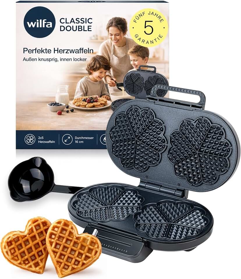 Wilfa BELL Waffeleisen I 1400W Power & 21 cm XXL Herzwaffel I Herzwaffeleisen mit 7 Bräunungsstufen, Signalton & doppelte Antihaftbeschichtung I Schnelles Aufheizen & gleichmäßige Bräune