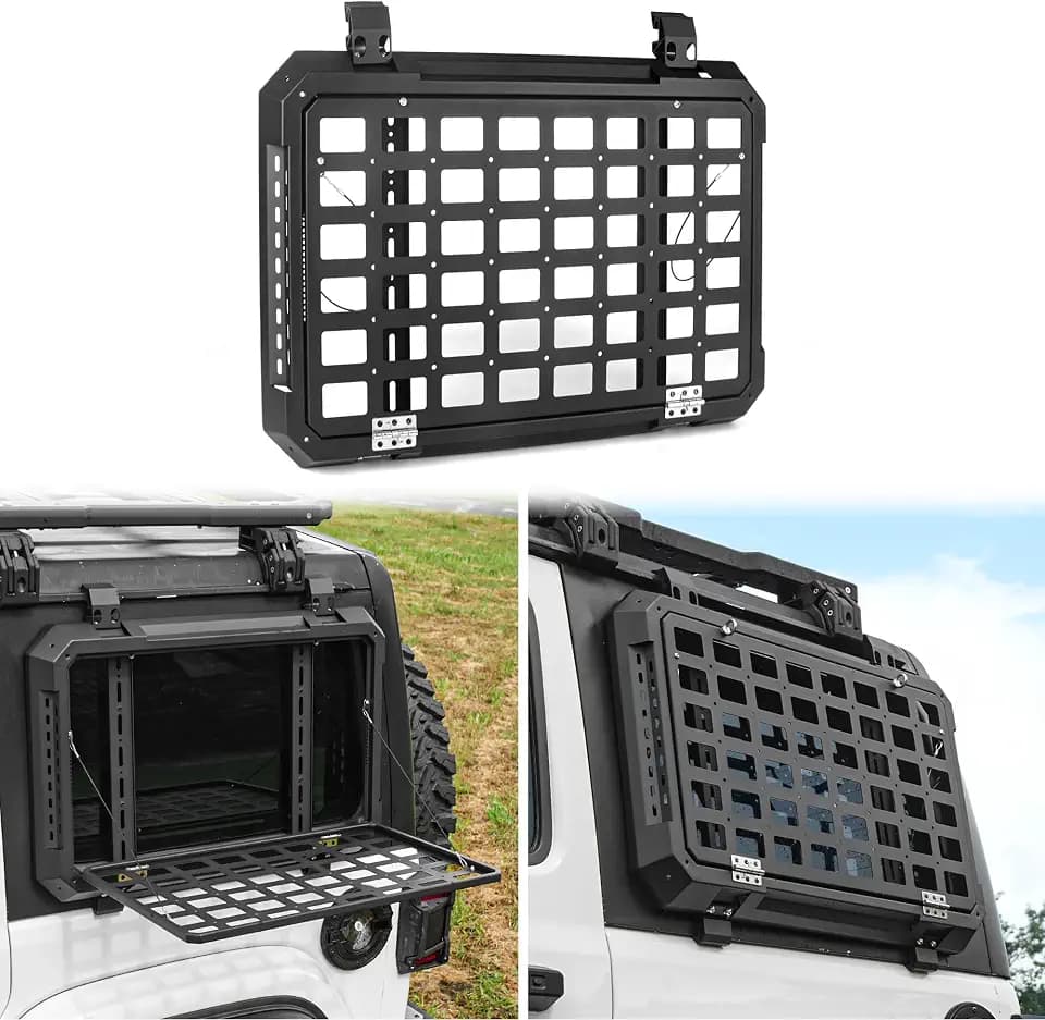 Z8 Rear Window Molle Storage Panel with Fold-Down Table, Tactical Organizer Compatible with 2018–2025 Jeep Wrangler JL & JLU 4-Door Hardtop, Heavy-Duty Aluminum Cargo Rack for Camping & Off-Road Gear