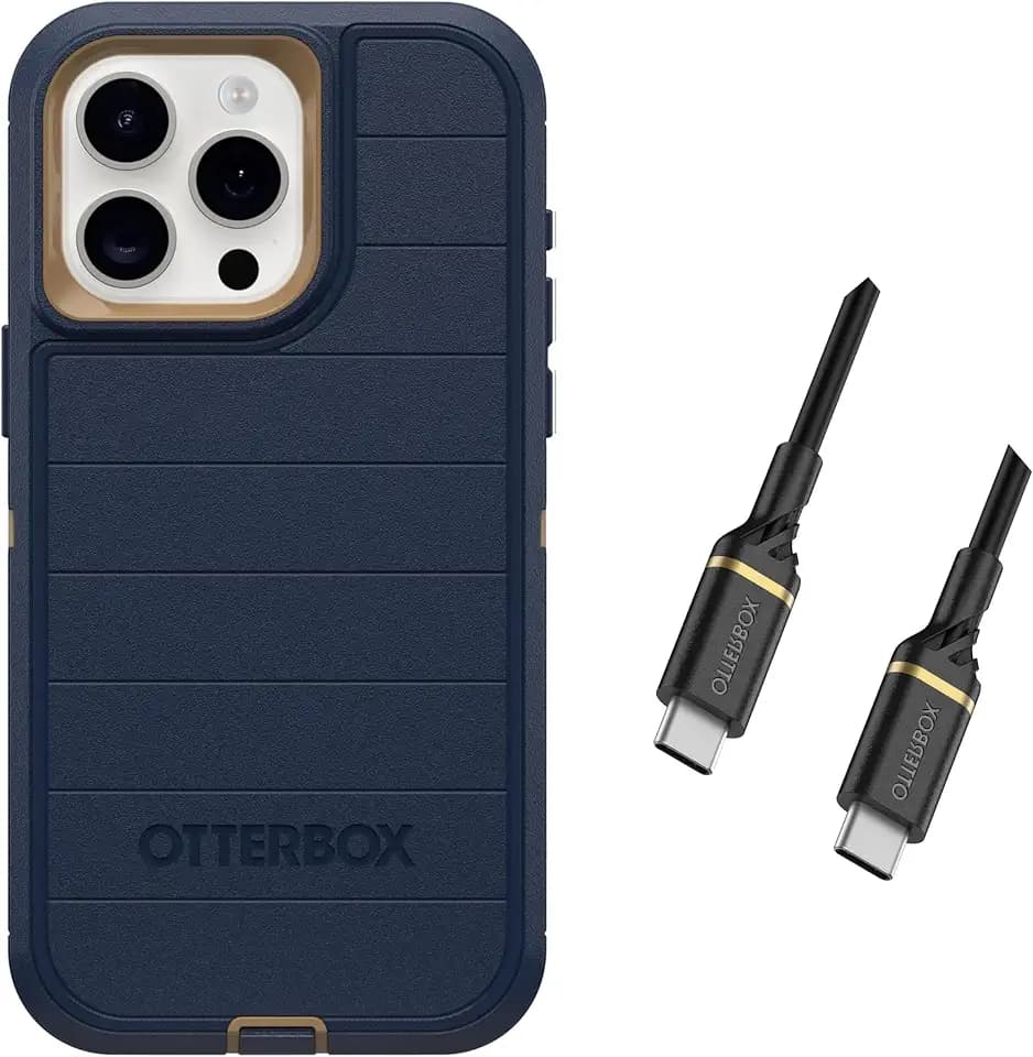 OtterBox Defender Series Case for iPhone 15 Pro Max with USB-C to USB- C Cable - Non Retail Packaging - Blue Suede Shoes