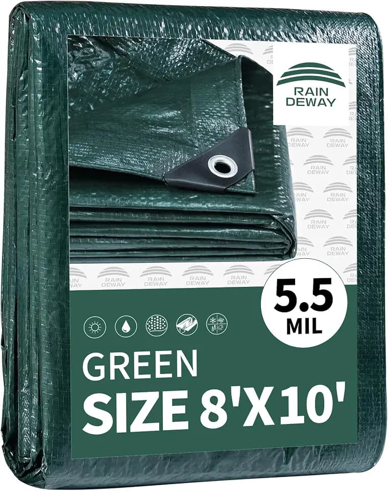 RAINDEWAY Green Tarp 8x10 Feet,5.5Mil Multipurpose Waterproof Tarps Cover