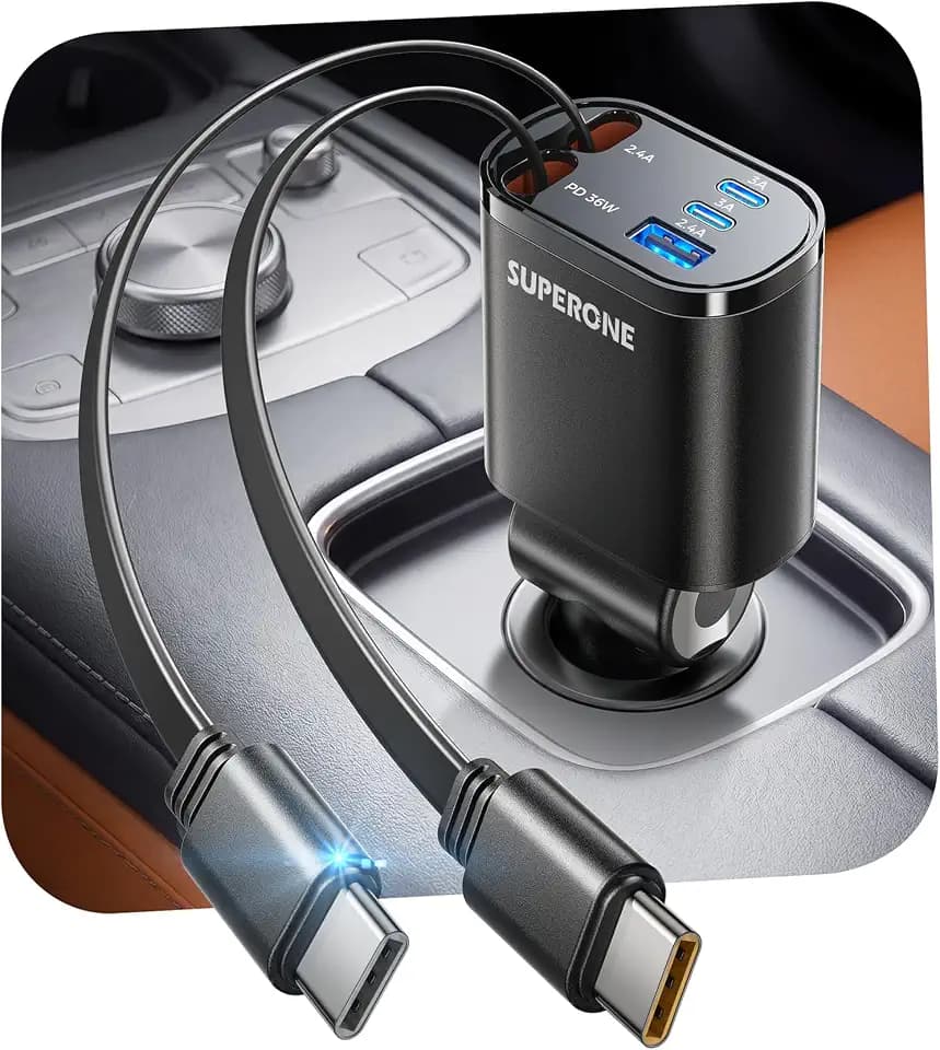SUPERONE 90W Retractable Car Charger, Dual USB-C Cables Fast Charger Black