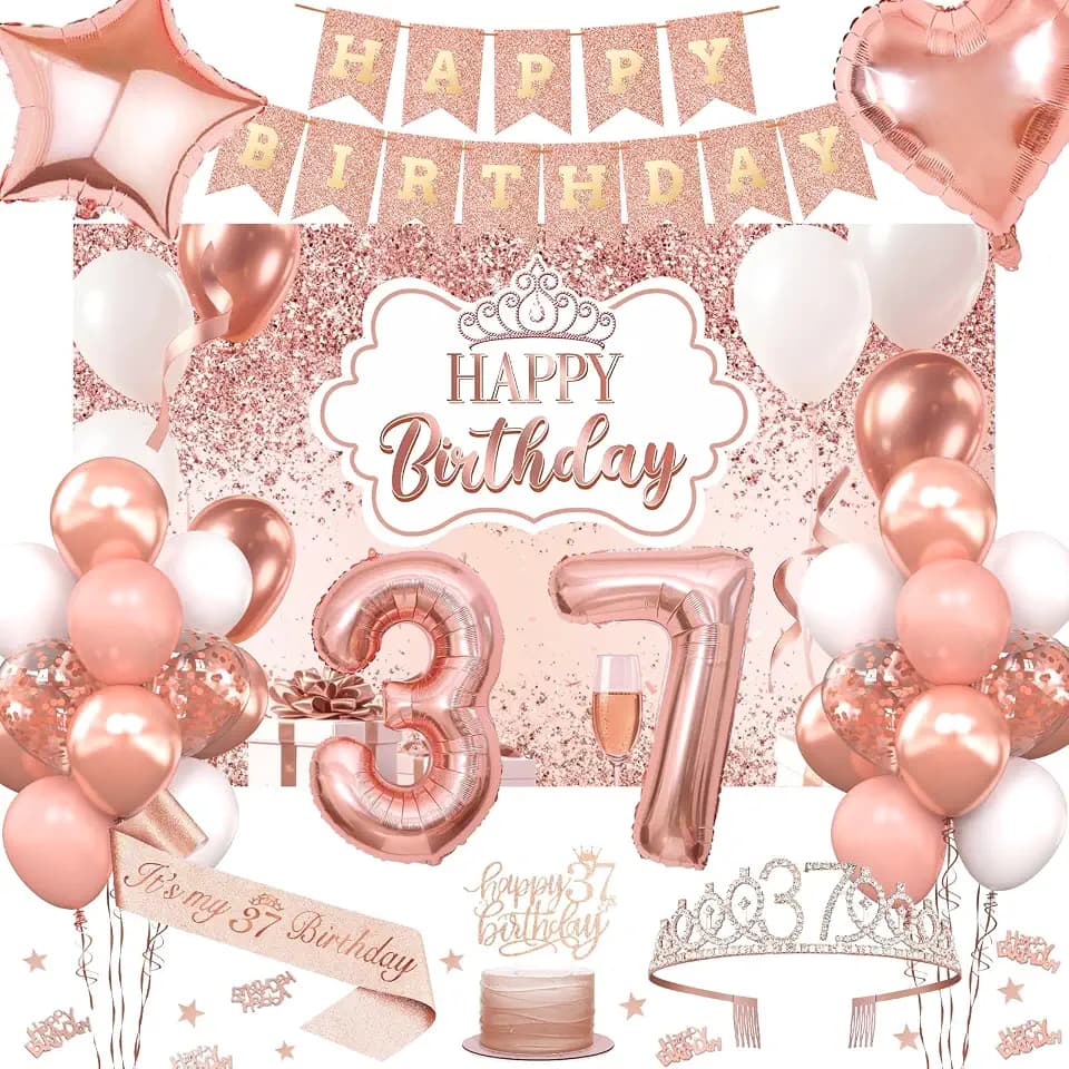 37th Birthday Decorations for Women, 52pcs Sweet Rose Gold Happy 37 Birthday Decorations Including 37th Rose Gold Crown, Sash, Banner, Background for 37 Party Decorations Set