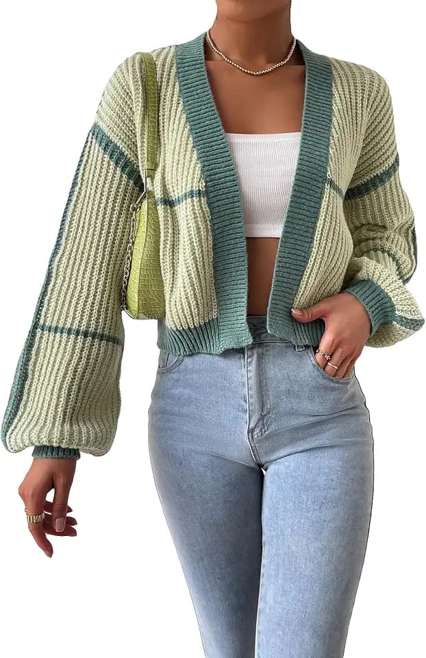 COZYEASE Women's Color Block Crop Cardigan Top Bishop Long Sleeve Striped Open Front Sweater