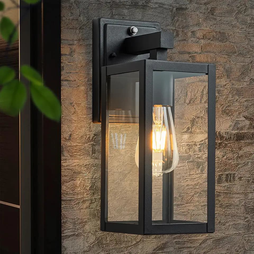 FTL Wandleuchte Aussen mit Dämmerungssensor, Außenwandlaterne Wandleuchte und Klaren Glas, Aussenlampe Wand E27 Fassung, IP44 Wasserdicht Ausenbeleutung Hauswand für Veranda Eingangstür, Mattschwarz