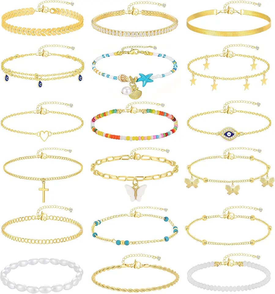 21PCS Gold Anklet Set for Women, Adjustable Layered Ankle Jewelry