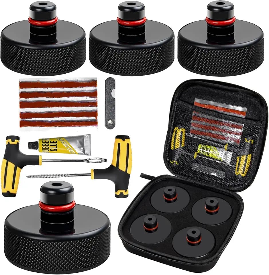 Lifting Jack Pads for Tesla Model 3/S/X/Y/Y Juniper (2013-2026), Sturdy Rubber Tesla Pucks Accessories with Storage Case, Protect Battery & Chassis, 4 Pucks with Tire Repair Kit