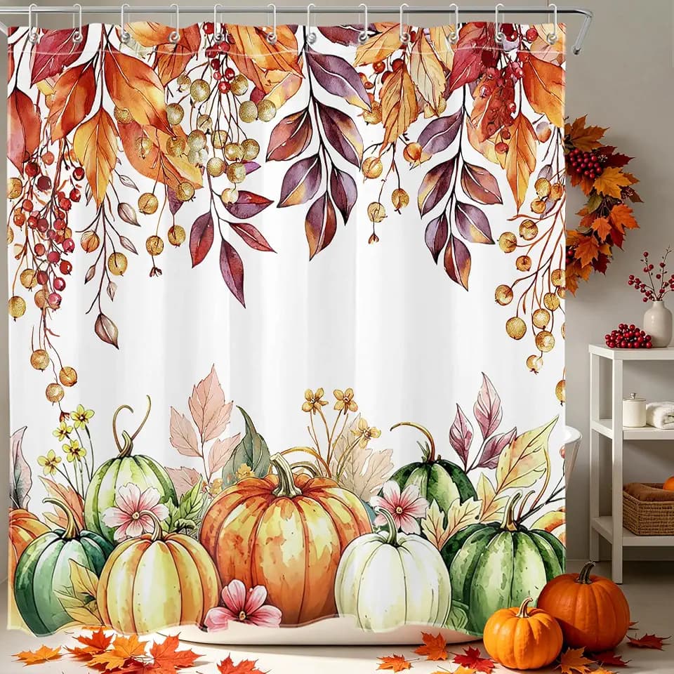 Fall Pumpkin Shower Curtain, Watercolor Orange Leaf, 72x72 Inch