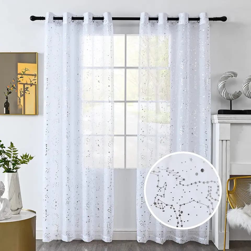 youleyar Silver Foil Print Voile Sheer Curtains, Vine Leaves Grommet Top Window Drapes 63 Inches Long, Luxury Metallic Bronzing Treatment Panels for Home Window Decoration, 2 Panels