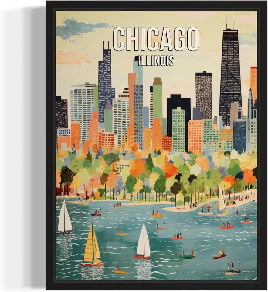 Chicago Illinois Poster Art Print Wall Art, Skyline City Vintage Travel Posters, Travel Gift, Artwork Home Decor Wall Art Painting for Bedroom, Bathroom, Living Room Art Decorations (Chicago Illinois, 16x20 inches (Unframed))