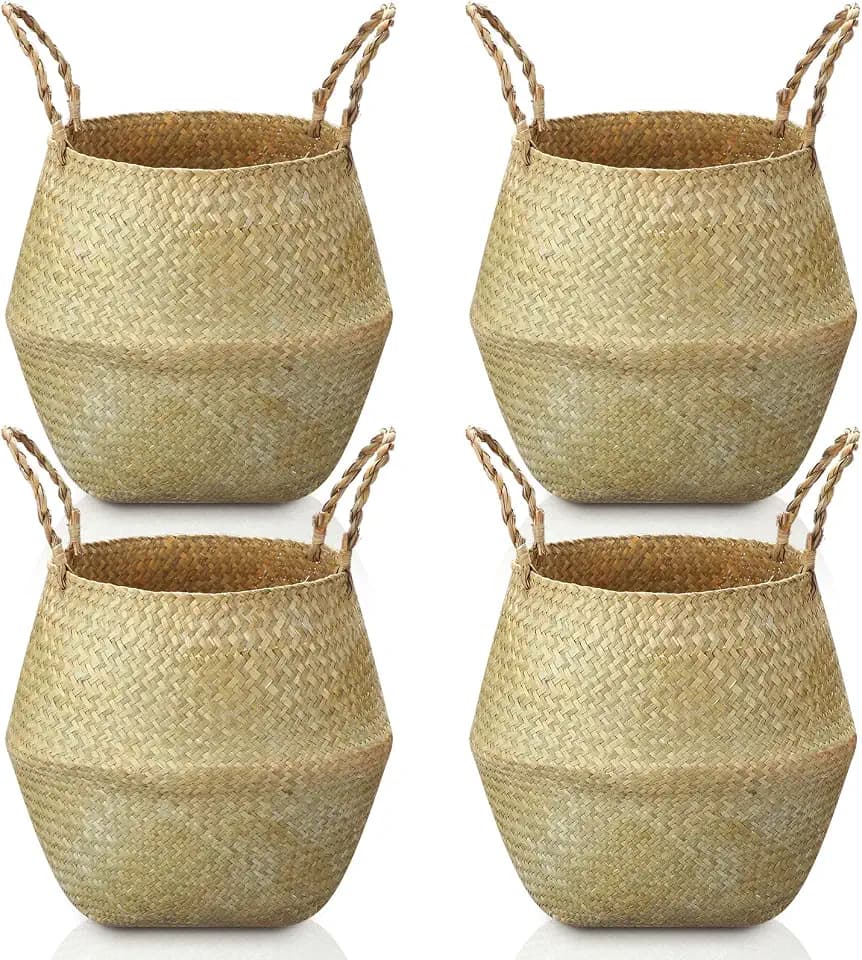 Qunclay 4 Pcs Woven Seagrass Baskets Belly Basket, XL,12''dx13.8''h