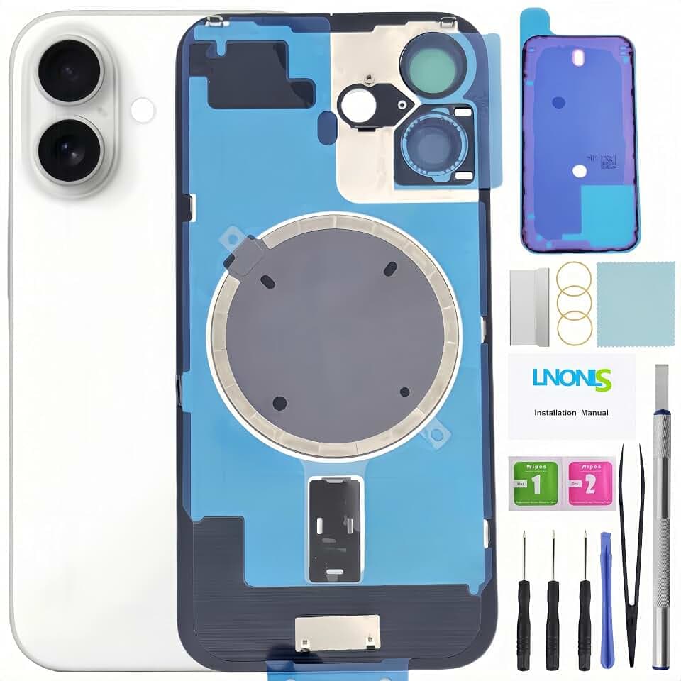 16 Back Glass Replacement for iPhone 16 Rear Back Cover Glass with Frame Waterproof and Camera Lens+Professional Repair Tool Kit (White)
