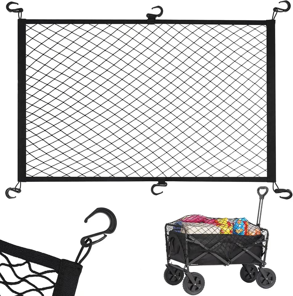 Elastic Mesh Cargo Net for Folding Wagon, Heavy Duty Stretch Storage Cover with 6 Hooks for Beach Cart, Garden Utility Trolley Accessories, 35.5 x 23.6 Inch Black