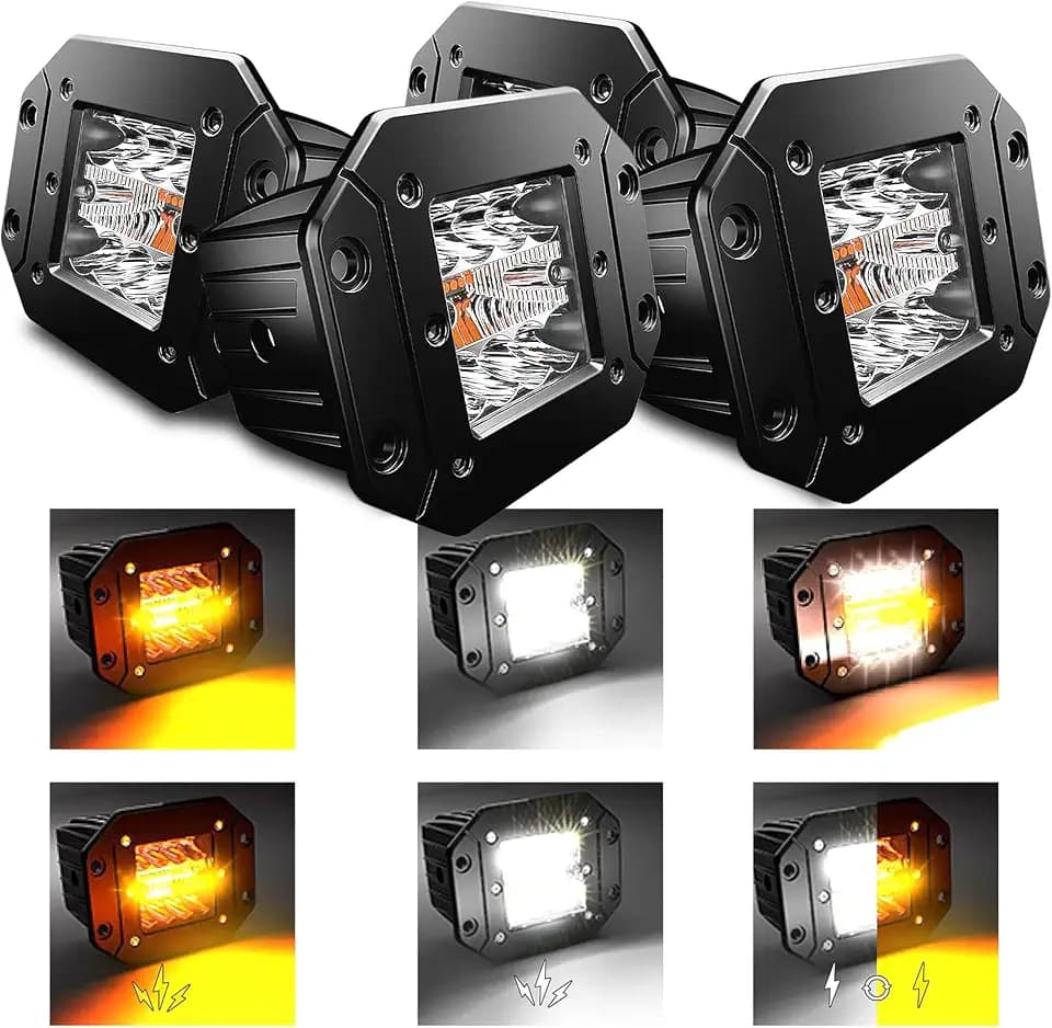 5 Inch Flush Mount LED Pods 6 Modes Amber/White Flashing Strobe Fog Lights Offroad Backup Reverse Grill Mount Light with Switch Wiring Harness for Truck UTV ATV SUV 4x4 Car
