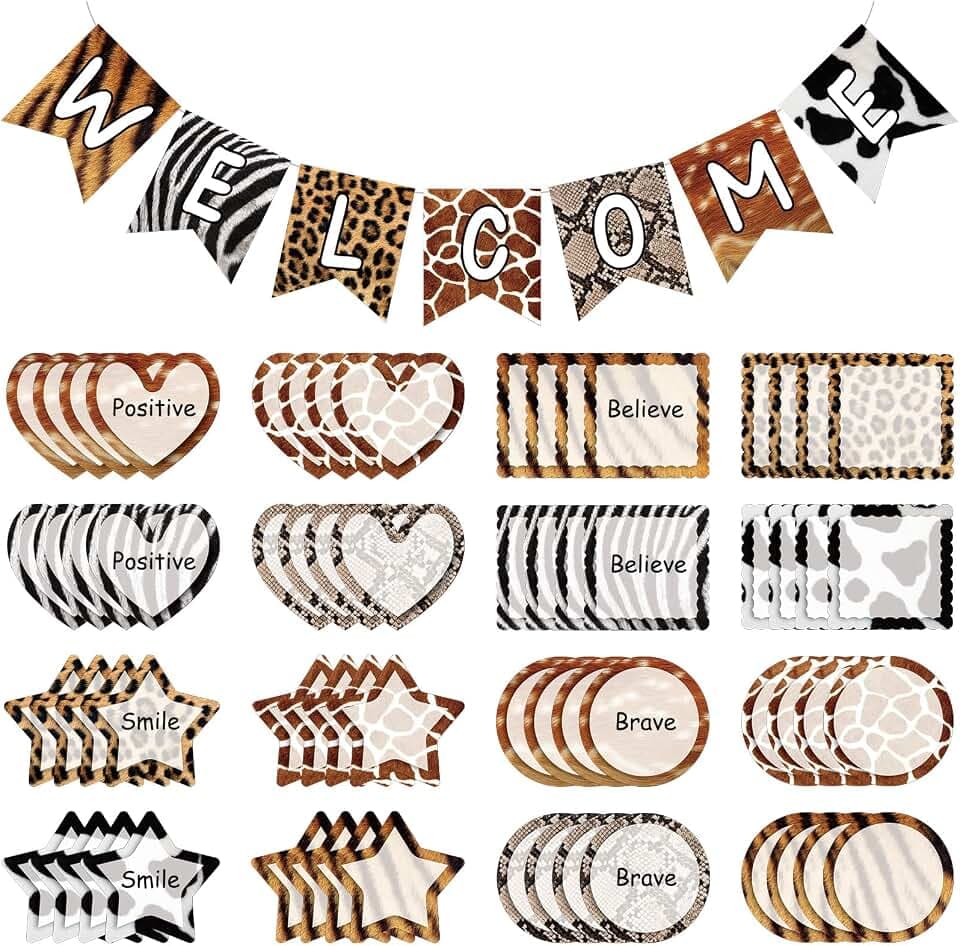 Outus 61 Pcs Jungle Classroom Bulletin Board Decor, Animal Texture Style