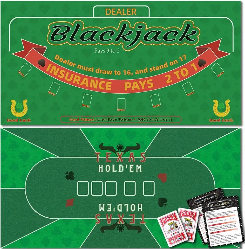 Double Sided Poker Mat 36”x72”Blackjack Table Topper, Casino Felt Cover, Texas Hold'em Cloth, Blackjack & Texas Hold'em Games Set for Playing Cards and Parties With 2 Decks of Cards and Instructions