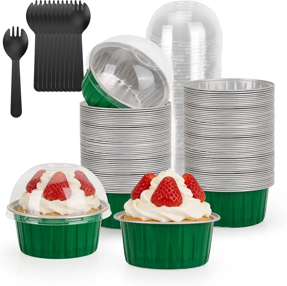 100-Pack 5 oz Green Mini Cake Pans with Lids, Disposable Aluminum Foil Baking Cups, Muffin Tins, Ramekins for Cupcakes, Brownies, Pudding - Festive for St Patricks Day, Birthday Party Supplies