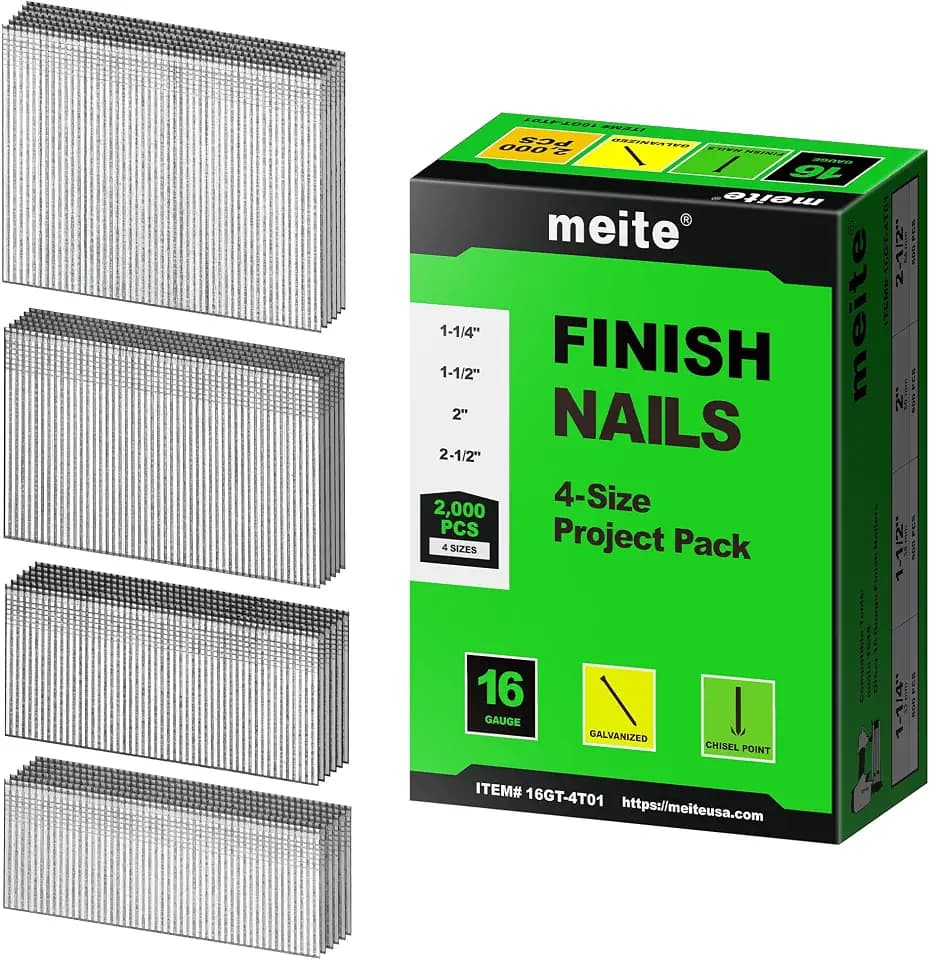 meite 16 Gauge Finish Nails 4 Sizes Straight T-Nails Galvanized 2,000PCS