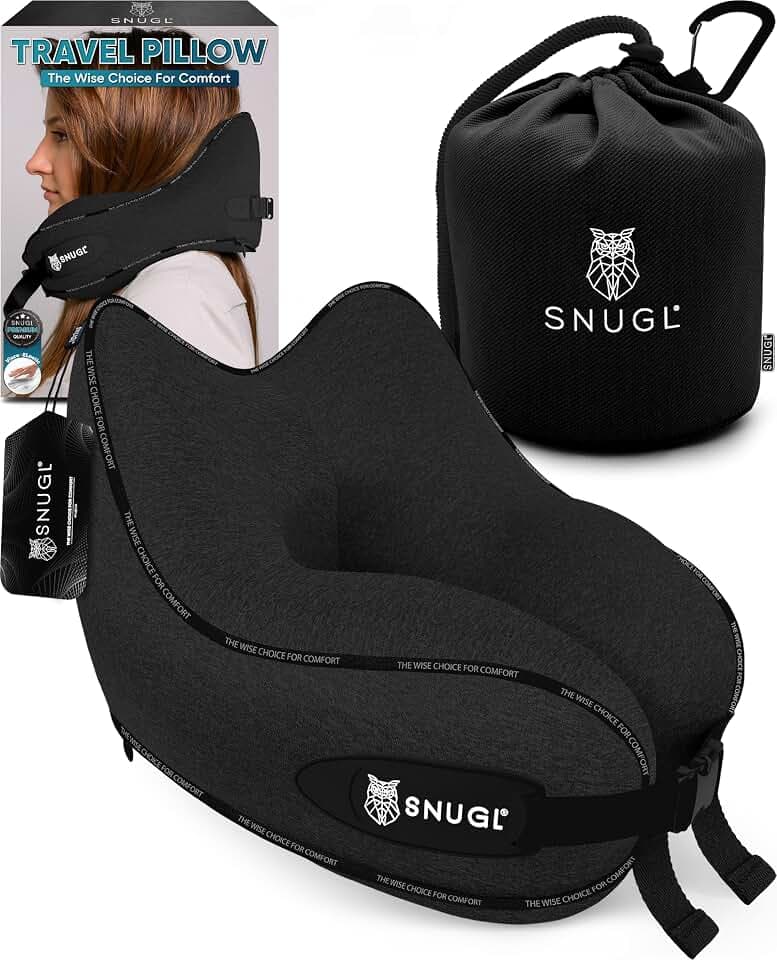 SNUGL Nackenkissen Memory Foam Waschbar & Verstellbar | Kuscheliges Nacken Reisekissen Für Flugzeug, Auto & Unterwegs | Reise-Kissen Nackenhörnchen, Neck Travel Pillow (Schwarz, Erwachsener Normal)
