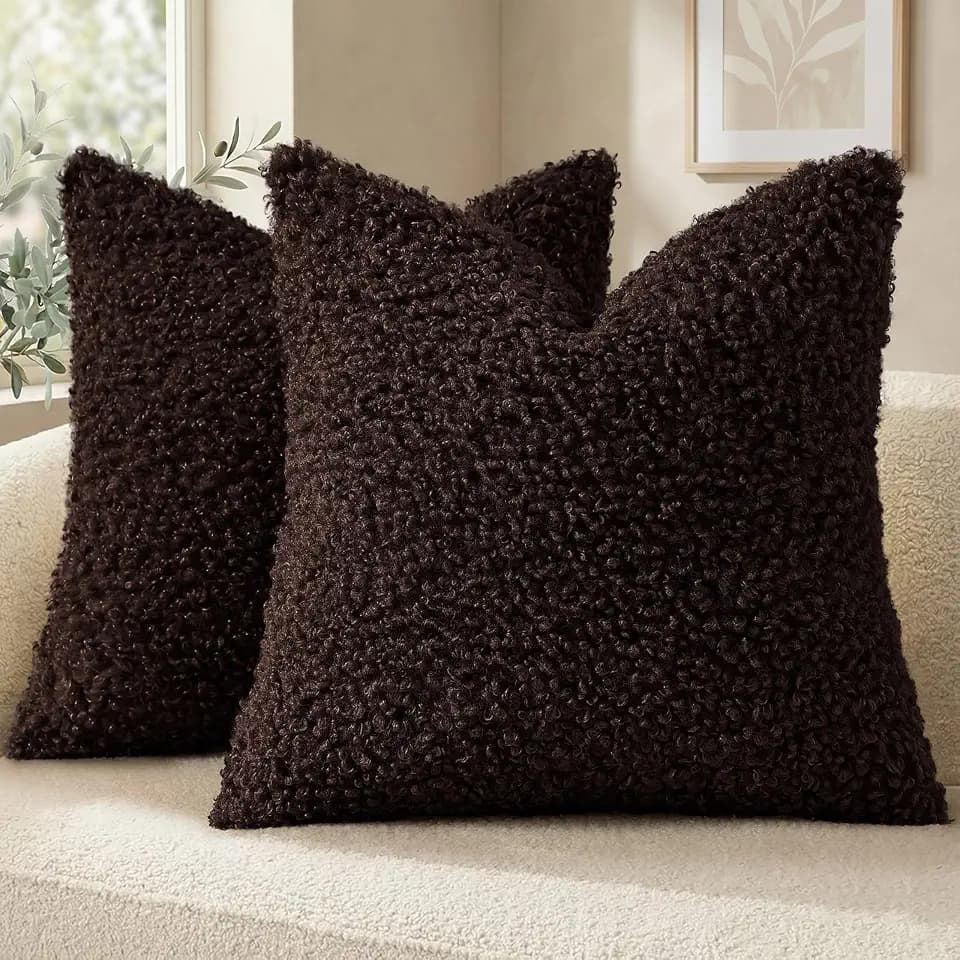 decorUhome Sherpa Decorative Throw Pillow Covers 24x24 Set of 2 Chocolate