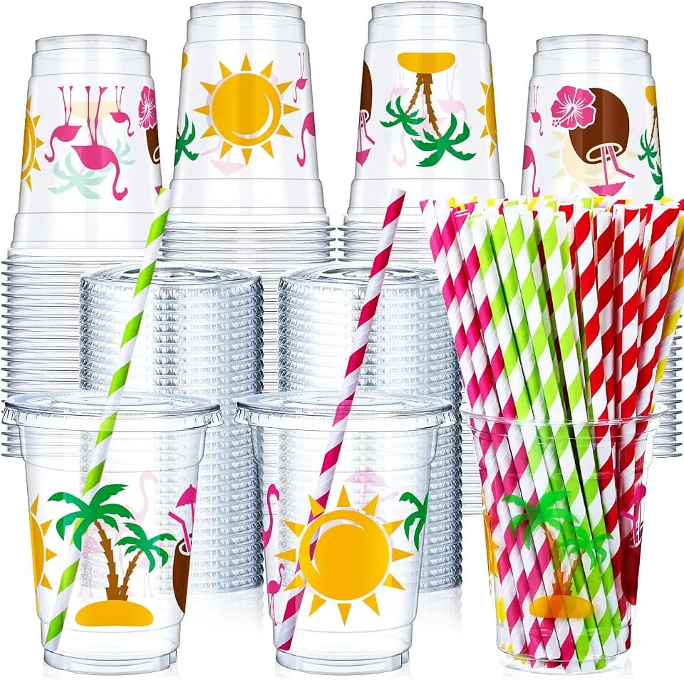 Blushtier 300 Pcs Summer Disposable Plastic Cups with Lid and Straw, 12oz