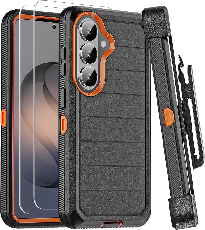 for Samsung Galaxy S26 Case with Belt Clip Holster, 2X Screen Protector, Heavy Duty 3-Layer Military Grade Rugged Full Body Shockproof Protection Phone Cover for Galaxy S26 (Black Orange)